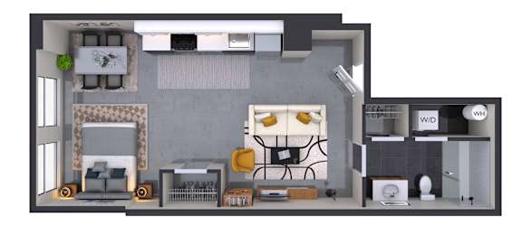 A 3D floor plan of a living room with furniture and appliances.