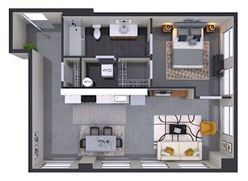 A 3D floor plan of a small apartment with a living room, kitchen, and bathroom.