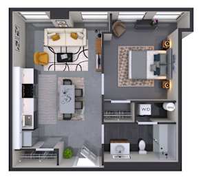 A 3D rendered image of a modern kitchen and living room.