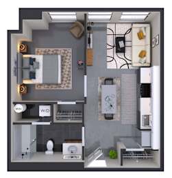 A 3D rendered image of a modern apartment layout.
