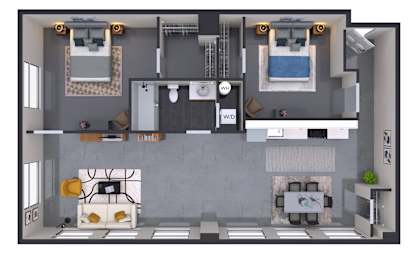 A top-down view of a small apartment with a kitchen, living room, and bathroom.