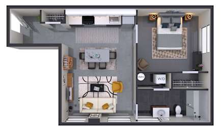 A floor plan of a small apartment with a kitchen, living room, and bathroom.