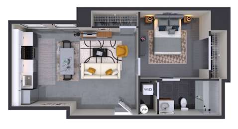 A floor plan of a small apartment with a kitchen, living room, and bathroom.
