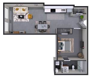 A top-down view of a living room with a couch, coffee table, and kitchen area.