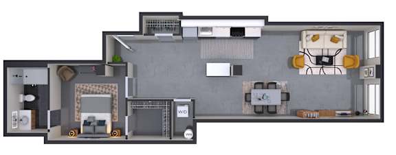 A floor plan of a house with a kitchen, living room, and two bedrooms.