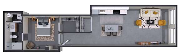 A floor plan of a house with a kitchen, living room, and two bedrooms.