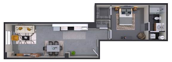 A floor plan of a house with a kitchen, living room, and bathroom.