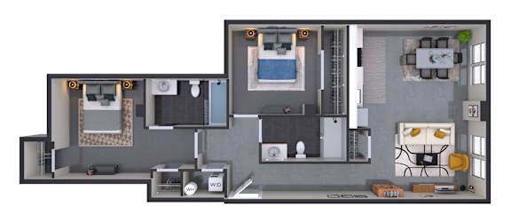 A floor plan of a house with a kitchen, living room, and two bedrooms.