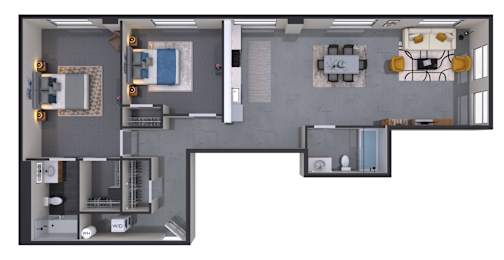 A floor plan of a house with a kitchen, living room, and two bedrooms.