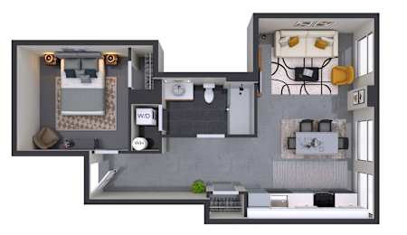 A floor plan of a small apartment with a kitchen, living room, and bathroom.