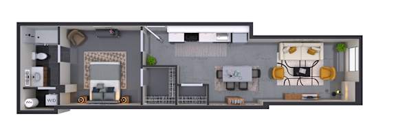 A floor plan of a house with a living room, kitchen, and two bedrooms.
