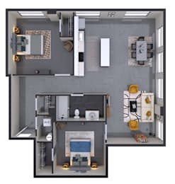 A 3D floor plan of a small apartment with a living room, kitchen, and bathroom.