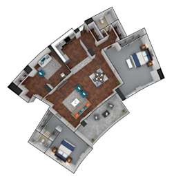 A 3D floor plan of a house with a kitchen, living room, and two bedrooms.