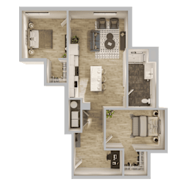A top-down view of a house layout with a living room, kitchen, dining area, and bedrooms.