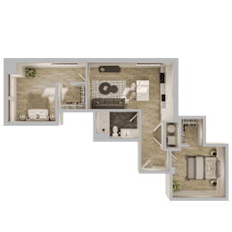 A top-down view of a house layout with a living room, kitchen, dining area, and bedrooms.