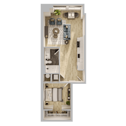 A top-down view of a small apartment with a kitchen, living room, and bathroom.