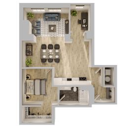 A top-down view of a living room, kitchen, and dining area.