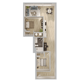 A floor plan of a small apartment with a kitchen, living room, and bathroom.