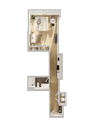 A 3D floor plan of a small apartment with a bedroom and a bathroom.