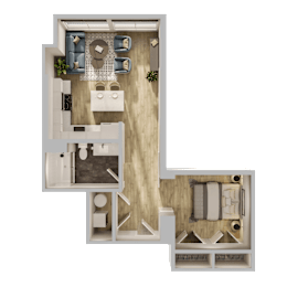 A top-down view of a house layout with a living room, kitchen, dining area, and two bedrooms.