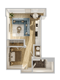 A top down view of a living room with a couch, coffee table, and kitchen area.