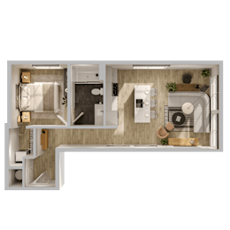 A top-down view of a small apartment with a kitchen, living room, and bathroom.