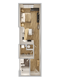 A top-down view of a small apartment with a kitchen, living room, and bathroom.