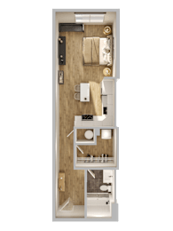 A detailed 3D floor plan of a small apartment.