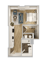 A top-down view of a small apartment with a living area, kitchen, and bathroom.