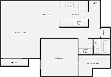 Floor Plan  A floor plan of a house with a balcony, living room, dining room, kitchen, bath, and bedroom.
