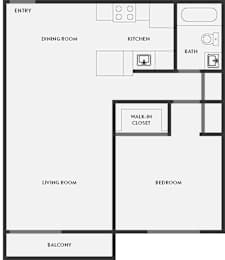 Floor Plan  A floor plan of a house with a dining room, kitchen, bath, living room, bedroom, balcony, and walk-in closet.