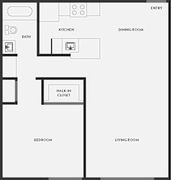 Floor Plan  A floor plan of a house showing a kitchen, dining room, living room, bedroom, bathroom, and walk-in closet.