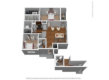 A 3D floor plan of a house showing the layout of the rooms.