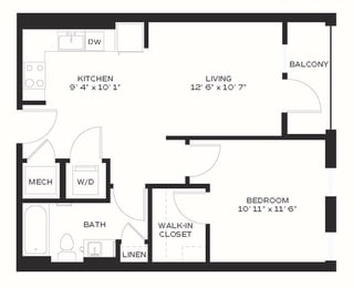 A2 - 1 Bedroom 1 Bath 646 Sq. Ft. Floor Plan at Edge 35, Indianapolis, IN, 46203