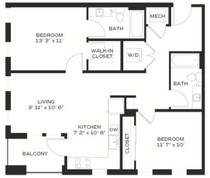 B3 - 2 Bedroom 2 Bath 1038 Sq. Ft. Floor Plan at Edge 35, Indianapolis, Indiana