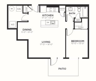 A3 - 1 Bedroom 1 Bath 843 Sq. Ft. Floor Plan at The MK, Indianapolis, IN, 46220