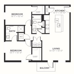B2 - 2 Bedroom 2 Bath 1102 Sq. Ft. Floor Plan at The MK, Indiana