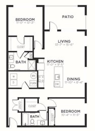 B3 - 2 Bedroom 2 Bath 1254 Sq. Ft. Floor Plan at The MK, Indiana, 46220