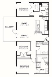 C1 - 3 Bedroom 2 Bath 1373 Sq. Ft. Floor Plan at The MK, Indianapolis, IN