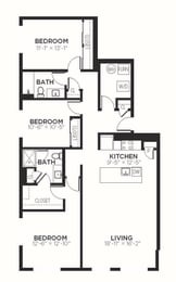 C3 - 3 Bedroom 2 Bath 1479 Sq. Ft. Floor Plan at The MK, Indianapolis