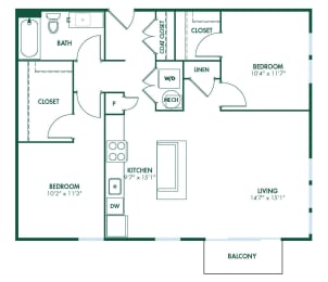 B4 - 2 Bedroom 1 Bath 985 Sq. Ft. Floor Plan at Pinnex, Indianapolis, Indiana