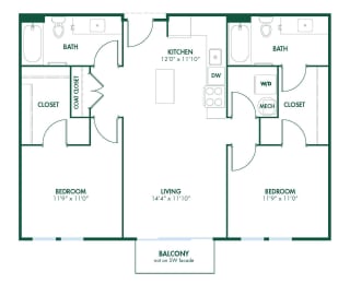 B5 - 2 Bedroom 2 Bath 989 Sq. Ft. Floor Plan at Pinnex, Indianapolis, IN, 46203