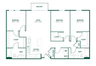 C1 - 3 Bedroom 2 Bath 1260 Sq. Ft. Floor Plan at Pinnex, Indianapolis, 46203