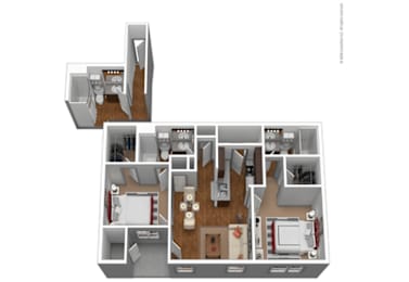 A 3D floor plan of a house with labeled rooms.
