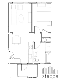 A black and white image of a floor plan with the word "steppe" written below it.
