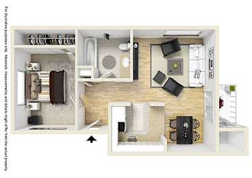 A floor plan of a small apartment with a kitchen, living room, and bathroom.