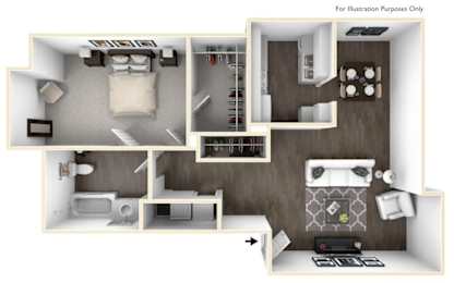 A 3D illustration of a room layout with a kitchen, living room, and bedroom.