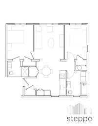 A black and white image of a floor plan with the word "steppe" at the bottom.