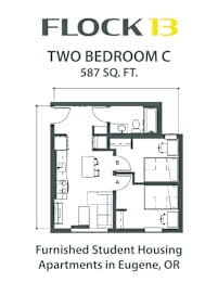 A floor plan for a two bedroom apartment sized at 587 square feet.