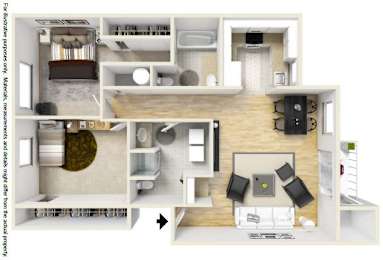 A floor plan of a home interior with a kitchen, living room, and two bedrooms.